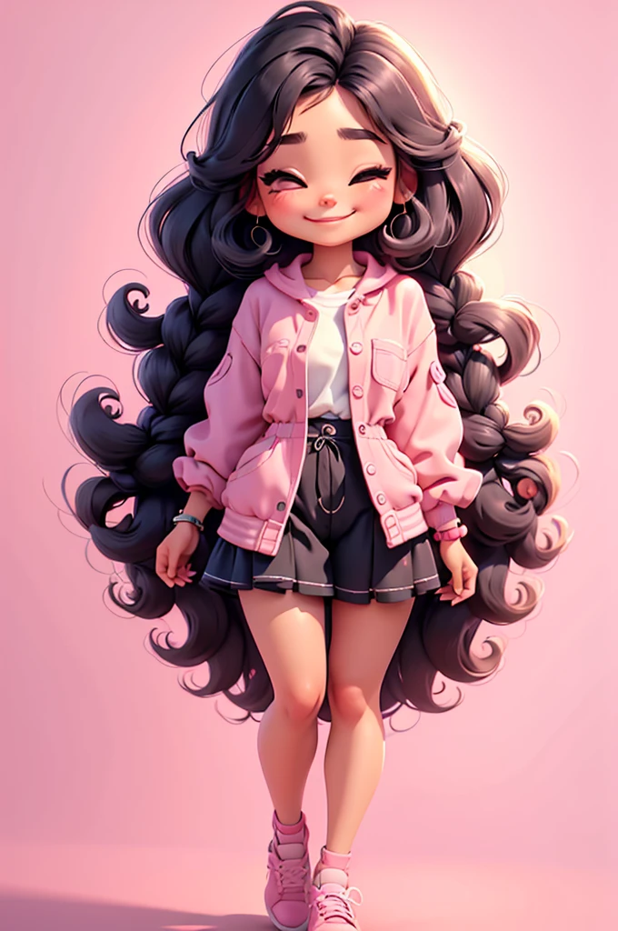 digital illustration cartoon fashion girl miniature ilustration, mexican girl, realistic, braid hair, eyes closed, chibi, nails pink, smiling, vivid, center photo, white background, smiling, casual outfit,stand, pink shoes, black hair, black hair, white background