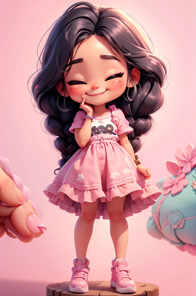 digital illustration cartoon fashion girl miniature ilustration, mexican girl, realistic, braid hair, eyes closed, chibi, nails pink, smiling,  vivid, center photo, white background, smiling, casual outfit,stand, pink shoes, black hair, black hair, white background
