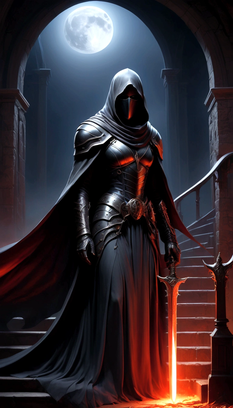 Holy church background,The messenger of hell descended the stairs,Arad woman in black dress,A gray cloak covers the face,Bronzed spiked armor,Magnificent、Mystery,With a feeling,Holding a crimson sickle on the stairs,Dark fantasy art, Abaddon and Magalieu Villeneuve, The blade reflects a strong red light,Backlight,Rim Light,3D Rendering,Unreal Engine,Octane Rendering,8K resolution,masterpiece。Ultra-high detail,The award-winning
