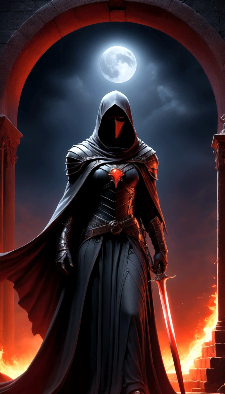 Holy church background，The messenger of hell descended the stairs，Arad woman in black dress，A gray cloak covers the face，Bronzed spiked armor，Magnificent、Mystery，With a feeling，Holding a crimson sickle on the stairs，Dark fantasy art, Abaddon and Magalieu Villeneuve, The blade reflects a strong red light，Backlight，Rim Light，3D Rendering，Unreal Engine，Octane Rendering，8K resolution，masterpiece。Ultra-high detail，The award-winning