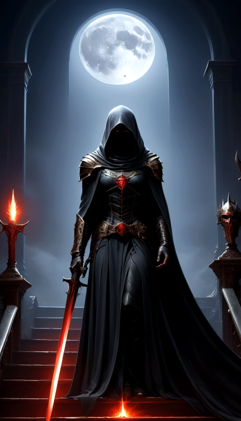 Holy church background，The messenger of hell descended the stairs，Arad woman in black dress，A gray cloak covers the face，Bronzed spiked armor，Magnificent、Mystery，With a feeling，Holding a crimson sickle on the stairs，Dark fantasy art, Abaddon and Magalieu Villeneuve, The blade reflects a strong red light，Backlight，Rim Light，3D Rendering，Unreal Engine，Octane Rendering，8K resolution，masterpiece。Ultra-high detail，The award-winning