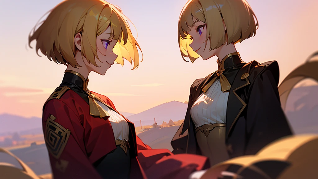 1 Girl、anime painting、Upper body close-up、profile、Natural Proportions、thin、Small breasts、smile、White skin、(blonde)、Bobcut、Beautiful purple eyes、Red jacket、(Long sleeve blouse)、Frilled blouse、Golden Hour Sky、Background blur、Written boundary depth