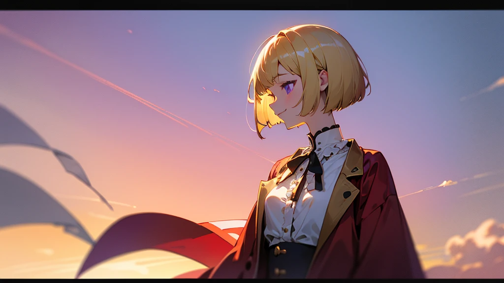 1 Girl、anime painting、Upper body close-up、profile、Natural Proportions、thin、Small breasts、smile、White skin、(blonde)、Bobcut、Beautiful purple eyes、Red jacket、(Long sleeve blouse)、Frilled blouse、Golden Hour Sky、Background blur、Written boundary depth