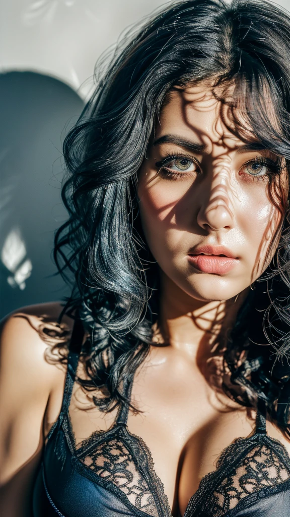 (masterpiece, Best quality, ultra detailed, best shadow), (beautiful detailed face:1.3),high contrast, Ultra high resolution,(1 fat girl in transparent lace lingerie,(turbulence disturbed hair:1.2),([blue|silver] hair:1.1) 