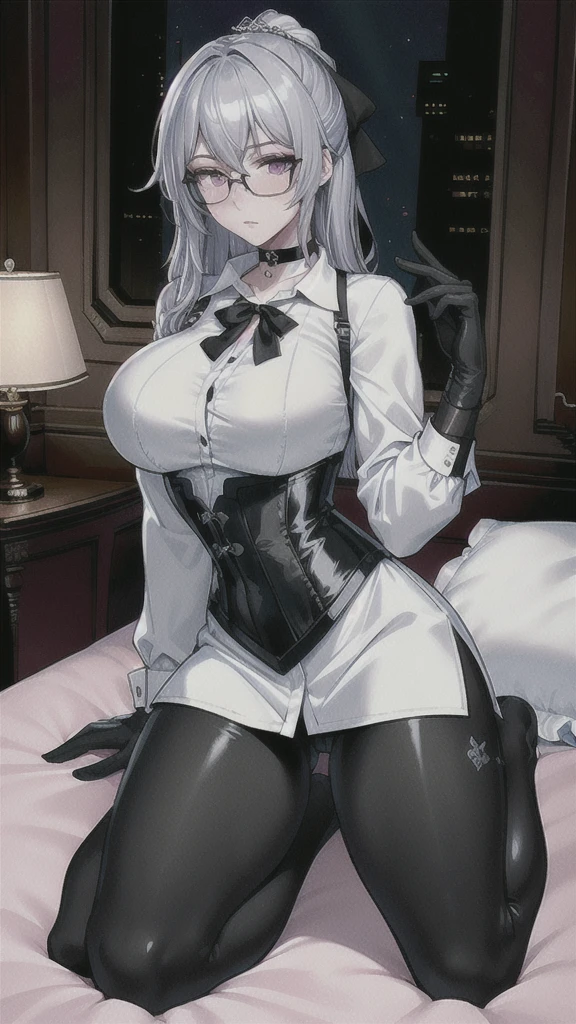 Masterpiece, Beautiful art, professional artist, 8k, art style by sciamano240, rostro de Bronya Zaychik, detailed body, Very detailed face, very detailed eyes, Detailed clothing, detailed fabric, Best Quality, better resolution, 1 girl, front view, kneeling on a bed, big breasts, serious expression, at night , silver hair, glasses, choker:1.6, (long sleeve white collar buttoned shirt), (shiny black corset), black gloves covering your hands, (shiny black leggings), looking at the viewer, elegant room, at night