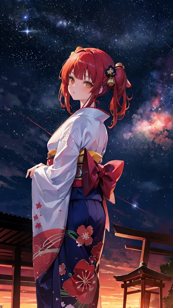 1girl, distant girl wearing a kimono staring at the stars, full red hair girl, pigtails and straight bangs hair, medium hair, yellow eyes, -yeld-gi(zoomed out:1.1), (meteor shower:1.2), (comet:1.1), your name, low angle, from behind, aroura borealis, shooting star, yukata, kimono, cherry blossoms, standing in a field, best quality, masterpiece, cloud, colorful, starry, stars,