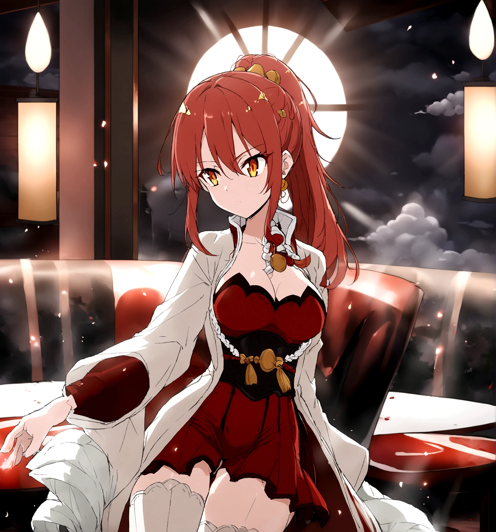 1 woman, japanese clothes, ponytail ,red hair, RED AND GOLD eyes (RED AND GOLD), magic fire circle, fire fire, flames, wallpaper, landscape, blood, blood splatter, depth of field, night, light particles, light rays, sidelighting, thighs, fate \(series\), wuthering waves, peitos grandes ((grandes peitos)), open jacket, skirt, thighhighs, cloud, ((masterpiece)), ((anime style)), she is working at tour PC