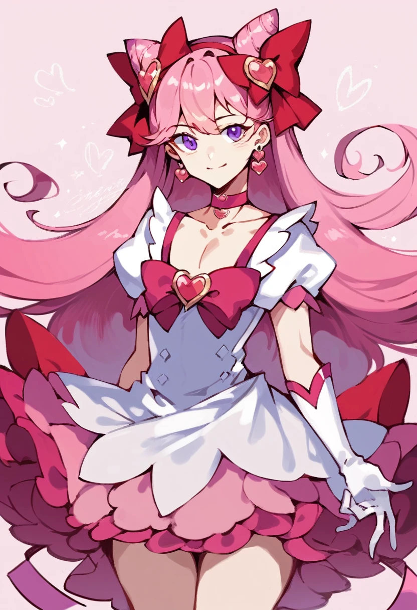 masterpiece, best quality, CurePrecious, long hair,hair flower, white gloves, pink hair, bow, jewelry, earrings, cone hair bun, hair bow, purple eyes, red bow,shiny hair, hairband, collarbone, magical boy, heart brooch, dress, pink choker, short dress, skirt, white apron, two side up, brooch, miniskirt,pink background, smile,cowboy shot,