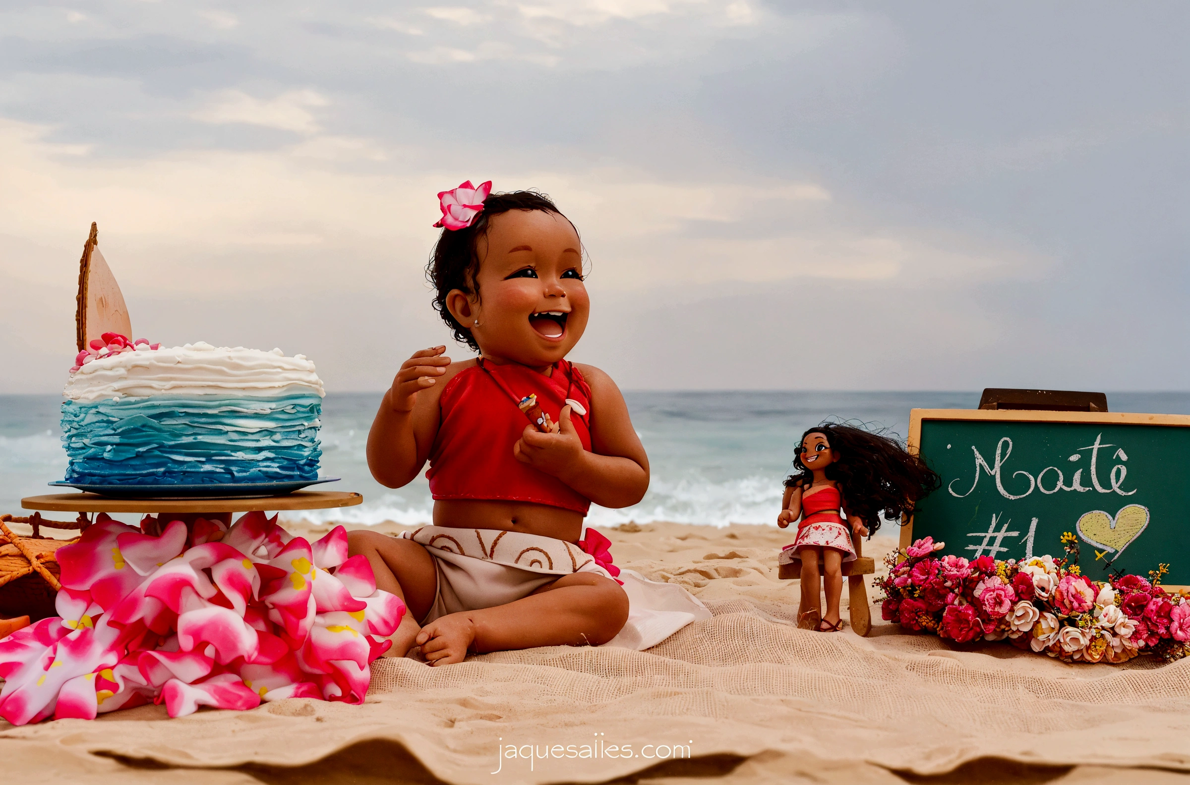 there is one sitting on the beach with a cake, posing on a beach with the ocean, moana, posing at the beach, toy commercial photo, posed, she expressing joy, toy photography, playing on the beach, she is smiling and excited, fashion photo portrait, Beautiful photo, Lilo e Stitch, glad!!!, toy photo, photogenic full body photo