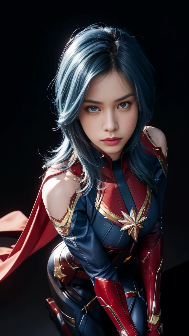 8K, Top Quality, Intricate Details, Ultra Detail, Ultra High Resolution, Masterpiece, close up shot, (full body: 1.1), Slender, Smile, (Makeup: 0.4), ((sexy pose,)), (Fluffy blue Eyes: 1.21), (()), 1girl, solo, 1 girl, ((blue hair, bangs, very long hair, Layered Haircut)), close up shot, , ((tall)), (((fit body))), (((slim face))), sharp face, (( )) , (detailed face), sharp face, small lips, perfect hands, ((superman pose)) ((,captain marvel suit )), , ((ms marvel suit,)), detailed face, detailed breast,, huge breast , ((detailed nipples)), detail ass, Narrow Waist, Skinny, tall , 175 cm tall, Muscular, Navel, Exposed Abdomen, Pointed Chest,, Beautiful girl with accentuated slender abs: 1.4, Six Pack Abs: 1.4, Bust Botox, Big, Perfect Body, detail leg, (( dark background)), black background,