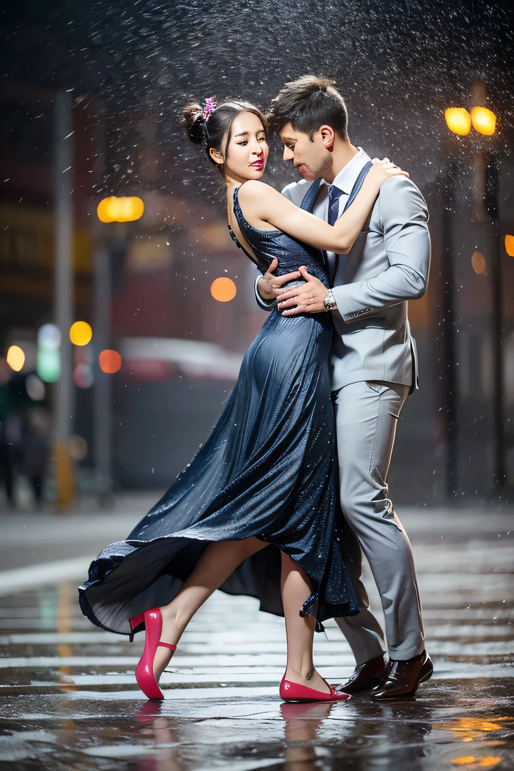 Dancing the tango men and women, Concentrated heavy rain、Guerrilla rainstorm、Metropolis、man facing forward, Woman turning away from the viewer, Dancing the tango, The woman is wearing a long, tight purple dress, A small star shines in the dark blue sky, Detailed facial features, Beautiful dress, Formal attire, Dramatic lighting, Warm color palette, high quality, Floods and inundation、Rain feet、Unprecedented heavy rain、Ultra-high-speed photography、