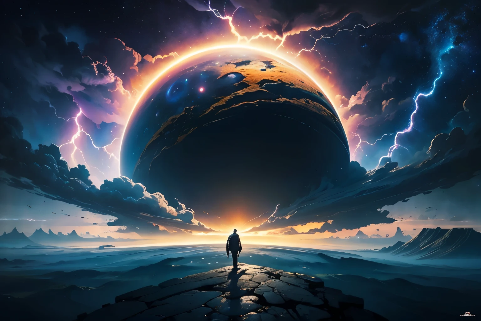 a man standing on a hill looking at a distant landscape, digital art inspired by Cyril Rolando, trending on Artstation, space art, tim hildebrandt, artgem and John Berkey masterpiece, and jeremiah ketner, realism | John Berkey, beeple and jean giraud, beeple and greg rutkowski painting of a large cloud with a a gaping black hole to space, a surrealist painting by Michael Sutfin, shutterstock contest winner, surrealism, android jones and rhads, cloud vortex, thick swirling lightning ring, surrealistic painting, surrealist landscape painting, thunder clouds modernism, surreal scene, surreal clouds, jacek yerka and vladimir kush, surreal painting, lightning , star fields, the entire ground is made of reflective obsidian