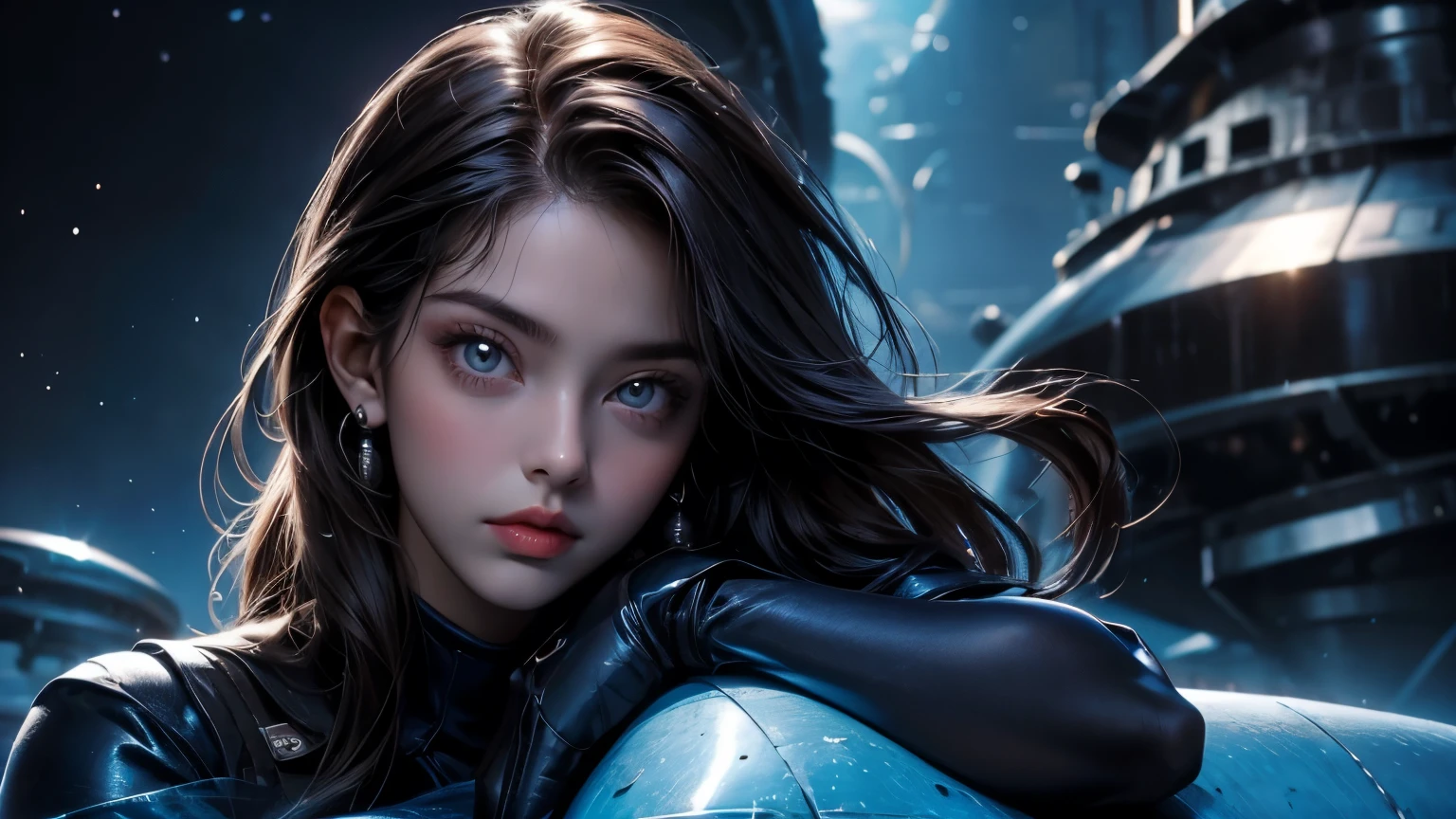 Upper body close-up image.A beautiful woman. Twenty years old. Dark brown hair. Beautiful double eyes. The bridge of my nose. Well-shaped lips. She is looking at the camera with a defiant expression. She wears a blue-black metallic battle uniform. She is sitting on a small submersible named Kunipick.