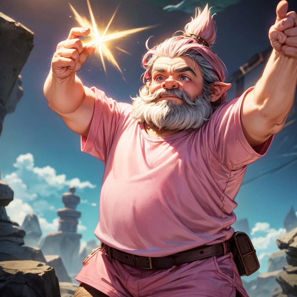 a dwarf wears a light pink t-shirt.  His hand is raised, thumb up