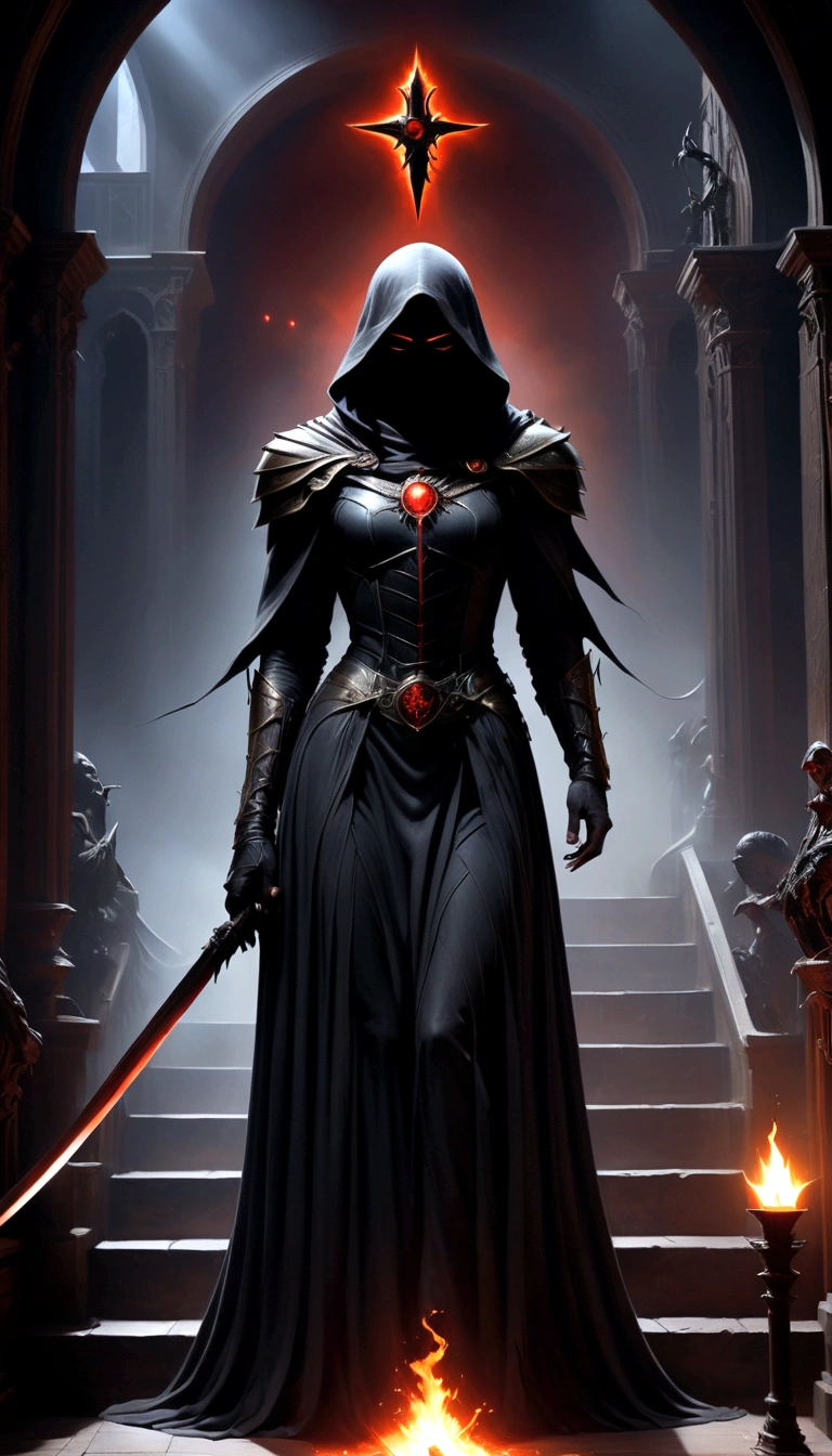 Holy church background,The messenger of hell descended the stairs,Arad woman in black dress,A gray cloak covers the face,Bronzed spiked armor,Magnificent、Mystery,With a feeling,Holding a crimson sickle on the stairs,Dark fantasy art, Abaddon and Magalieu Villeneuve, The blade reflects a strong red light,Backlight,Rim Light,3D Rendering,Unreal Engine,Octane Rendering,8K resolution,masterpiece。Ultra-high detail,The award-winning