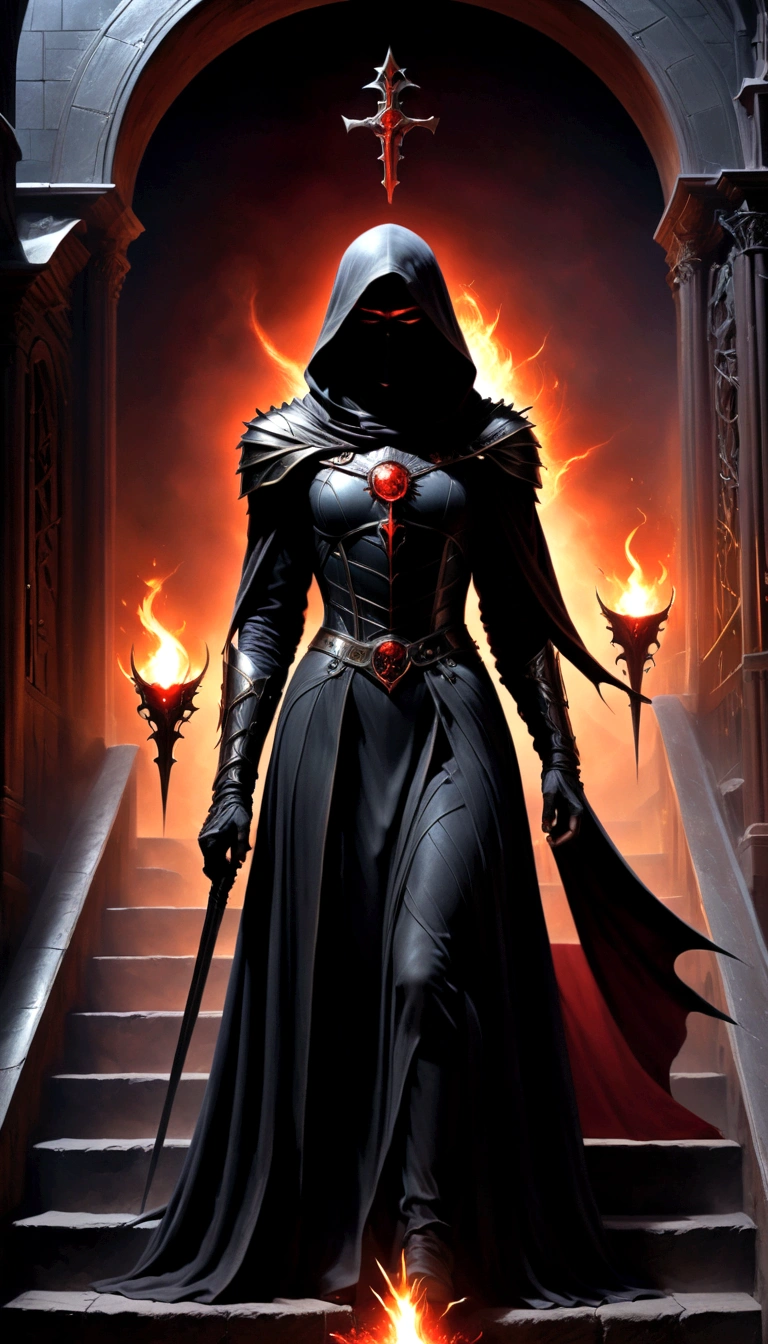 Holy church background,The messenger of hell descended the stairs,Arad woman in black dress,A gray cloak covers the face,Bronzed spiked armor,Magnificent、Mystery,With a feeling,Holding a crimson sickle on the stairs,Dark fantasy art, Abaddon and Magalieu Villeneuve, The blade reflects a strong red light,Backlight,Rim Light,3D Rendering,Unreal Engine,Octane Rendering,8K resolution,masterpiece。Ultra-high detail,The award-winning