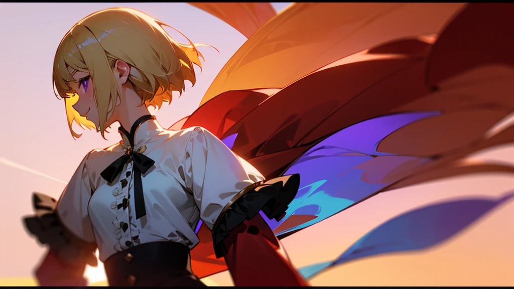 1 Girl、anime painting、Upper body close-up、profile、Natural Proportions、thin、Small breasts、smile、White skin、(blonde)、Bobcut、Beautiful purple eyes、Red jacket、(Long sleeve blouse)、Frilled blouse、生意気なsmile、Squint your eyes、Park in the background、sunset、Soft lighting.、Background blur、Written boundary depth