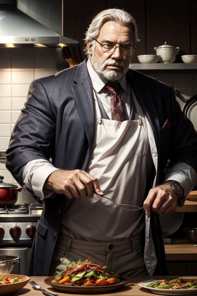 "Powerful and experienced chef, Black tuxedo with red tie、Muscles are bulging, Cooking with passion in a vibrant kitchen filled with the aroma of vegetables, Old man with a mustache, Wear glasses, detailed, high detailed, Realistic, Perfect hands."