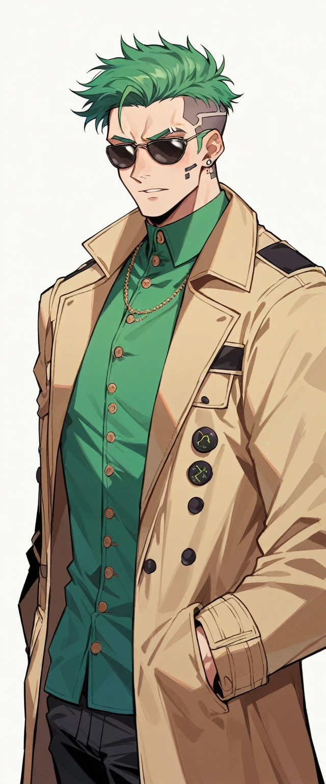 Generate a half-body portrait of a man wearing sunglasses, vestido com um trench trench coat de couro que lembra os personagens de 'Matrix', against a backdrop of cascading fluorescent green letters, in the style of the film. Pay meticulous attention to (((details Intricate))) like sunglasses, trench coat, and the texture of the cascading letters. ambition ((extreme quality of details)) to capture the essence of the 'Matrix' aesthetic. Create a sophisticated ((Complex composition)) which conveys the film's iconic cyberpunk atmosphere.