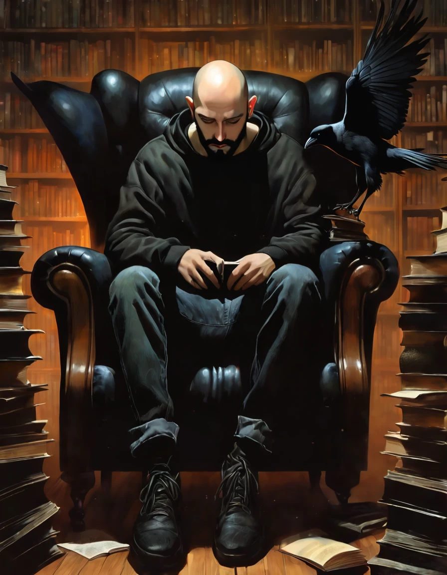 man and his pet crow, young man, bald with black beard, very thin, sitting in an armchair in a large library where books come to life, wearing a black sweatshirt and jeans, great disorder, surrealism, vampires, dark tones, horror tones, art inspired by dave mckean