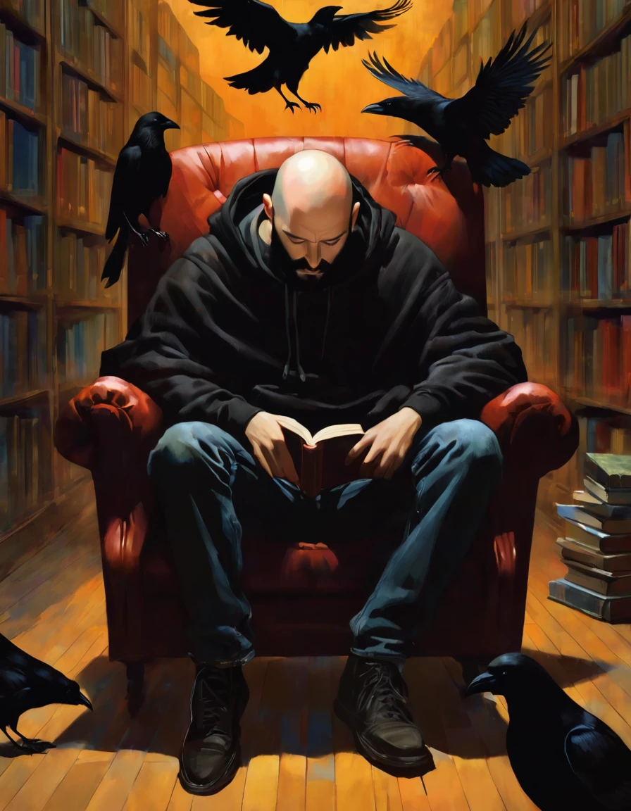 man and his pet crow, young man, bald with black beard, very thin, sitting in an armchair in a large library where books come to life, wearing a black sweatshirt and jeans, great disorder, surrealism, vampires, dark tones, horror tones, art inspired by dave mckean