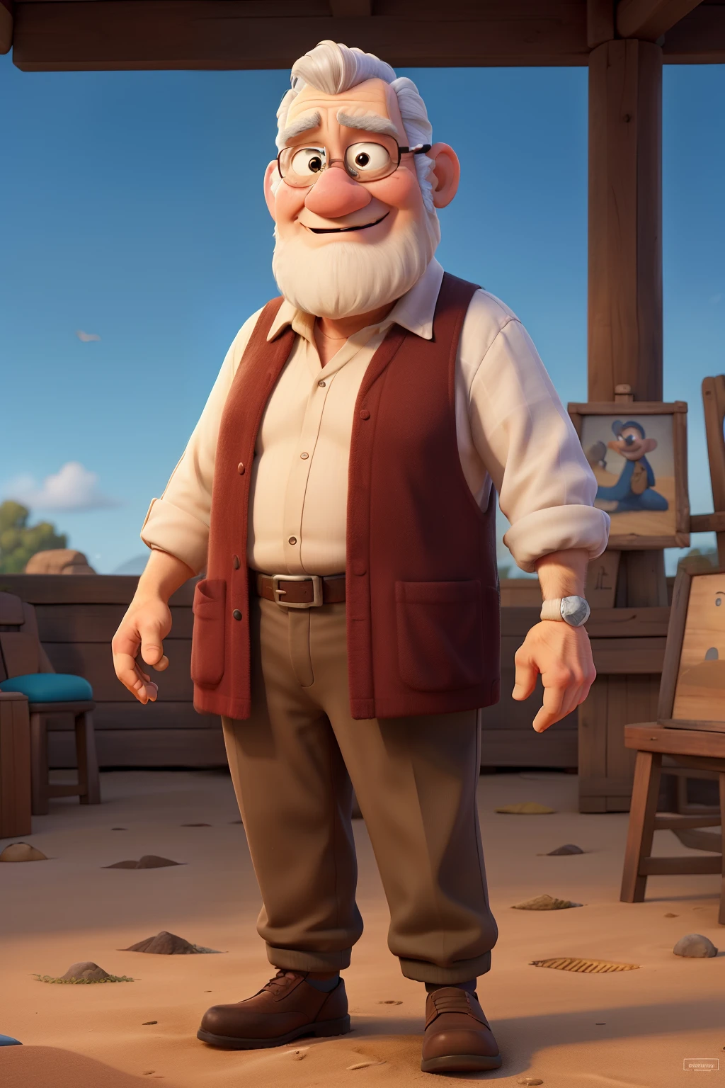 bearded old man painting a disney cartoon style picture from coast to picture