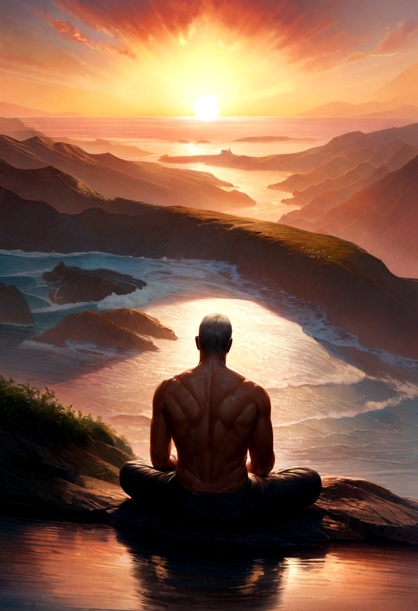 Mature man sitting in meditation position, contemplating a beautiful horizon with the sun setting, Man is in deep connection with the divine, The landscape is ultra detailed, ultra realistic man, everything is very detailed and beautiful, ultra quality. 8k realism
