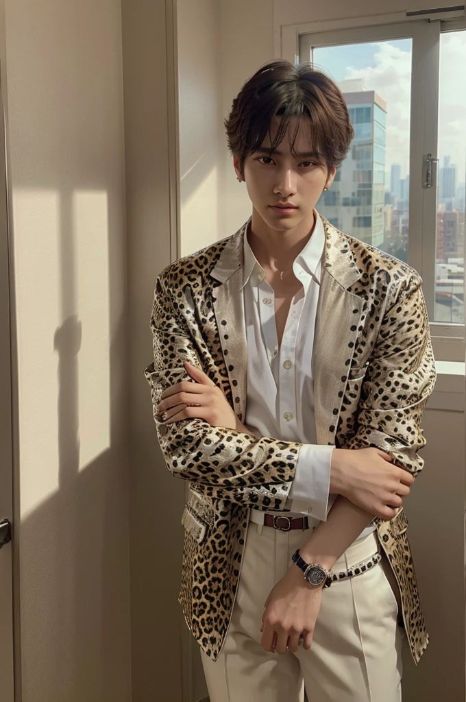 man in a leopard print jacket and white shirt, Jungkook, cai xukun, Beautiful androgynous prince, beautiful young prince, handsome prince, innocent looking, Yoongi de cabelos pretos, Jinyoung Canela, hyung tae, delicate androgynous prince, inspired by Kun Can, inspired by Bian Shoumin, taken in the early 2020s, ten lee