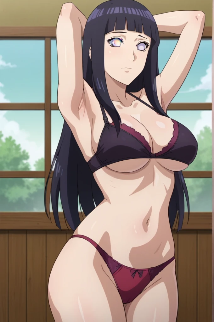 score_9, 1girl,solo, large breasts, (hinata, hyuuga hinata, purple eyes, blunt bangs, black hair) big breasts, perfect breasts, large breasts, round breasts, sexy body, slim waist, nice hips, skinny, nice thighs, black bra, cleavage, bare shoulders, collarbone, tight bra, underboob, slim waist, red thong, red panties, hands behind head