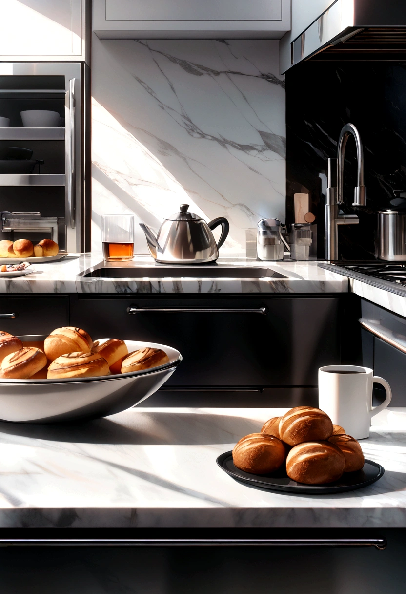 (Best quality,4K,A high resolution,Masterpiece:1.2),Vivid colors,Sharp focus,Physically-based rendering,Ultra-detailed,professional,Clean lighting,Modern kitchen appliances,marble countertops,Stainless steel sink,Sparkling glass case,Freshly baked food on the counter,A cup of coffee steamed,Detail texture on the wall,Subtle shadows and highlights,Dynamic composition,domestic bliss.