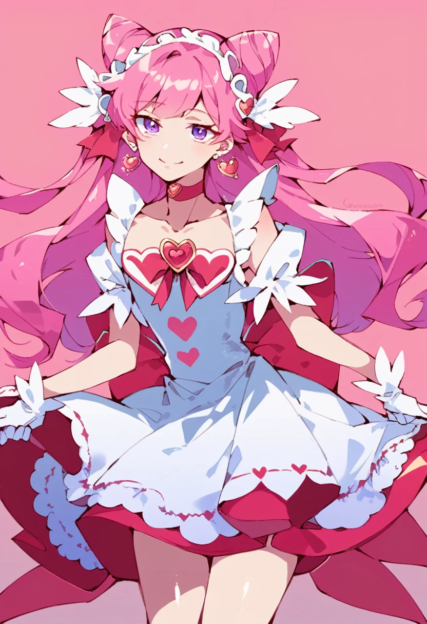 masterpiece, best quality, CurePrecious, long hair,hair flower, white gloves, pink hair, bow, jewelry, earrings, cone hair bun, hair bow, purple eyes, red bow,shiny hair, hairband, collarbone, magical boy, heart brooch, dress, pink choker, short dress, skirt, white apron, two side up, brooch, miniskirt,pink background, smile,cowboy shot,