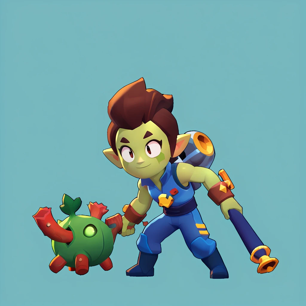 full body view of a teenage elf, sleeveless dark blue ninja suit, short brown hair, green skin, pointy ears, roots as a weapon, smiling, brawl, brawl stars