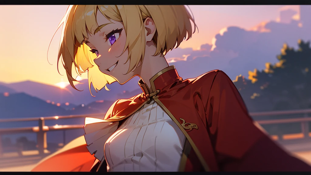 1 Girl、anime painting、Upper body close-up、profile、Natural Proportions、thin、Small breasts、Grin、White skin、(blonde)、Bobcut、Beautiful purple eyes、Red jacket、(Long sleeve blouse)、Frilled blouse、Cheeky Smile、Squint your eyes、Park in the background、sunset、Soft lighting.、Background blur、Written boundary depth