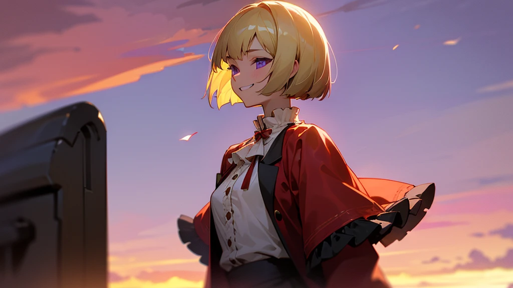 1 Girl、anime painting、Upper body close-up、profile、Natural Proportions、thin、Small breasts、Grin、White skin、(blonde)、Bobcut、Beautiful purple eyes、Red jacket、(Long sleeve blouse)、Frilled blouse、Cheeky Smile、Squint your eyes、Park in the background、sunset、Soft lighting.、Background blur、Written boundary depth