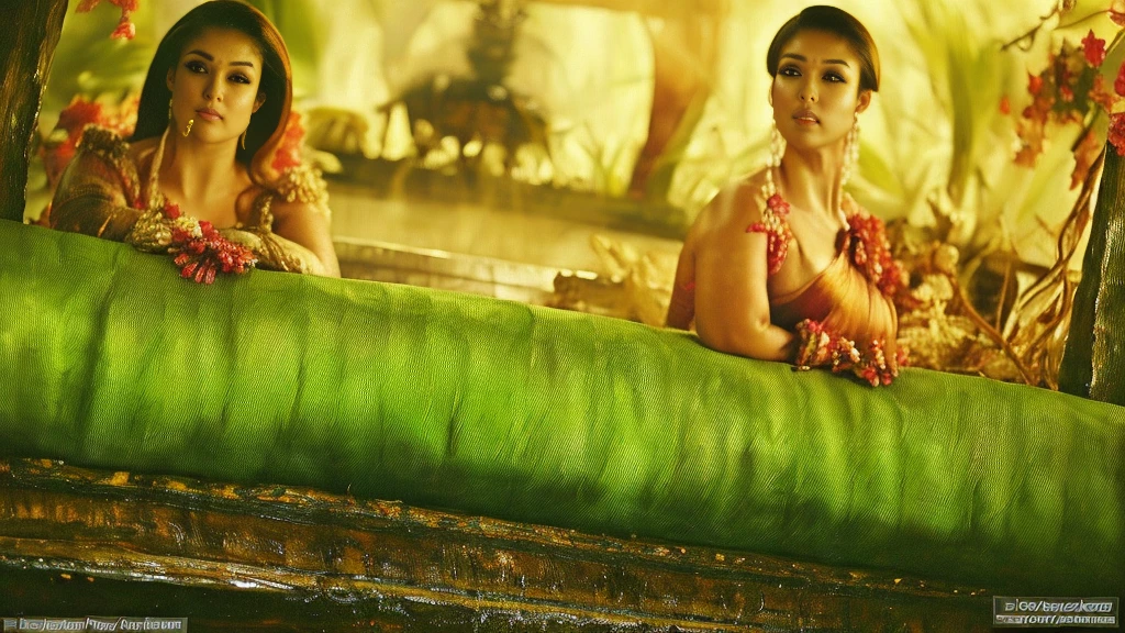 from top view, extreme close up photo of naked nayanthara, big cheeks, hourglass figure, curvy, swooping breasts, deep cleavage, open arms, sexy armpits, look at viewer lusciously, jumping out from fire in a forest and stripping green see through saree, nipples, sunny day action scene, ponytail, 4K, HD