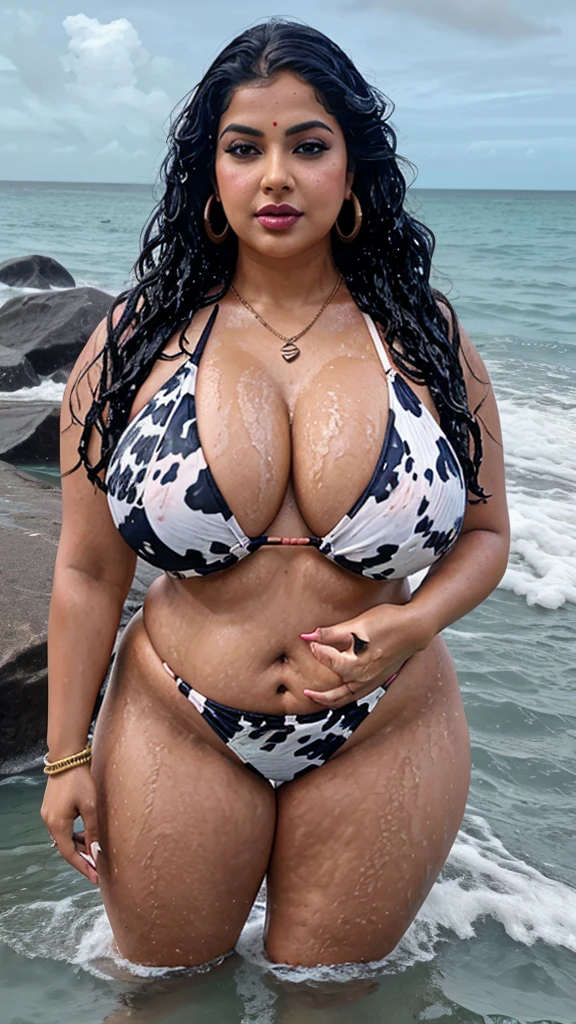 full body picture , BBW Wet curvy, wet Desi MOMMY showing her big ass  in sexy sexy thong cow pattern bikini and showing cleavage and in nose ring, many bangles in hands,earings, necklace ,lipstick ,navel,Indian, Chubby, showing her curves in sea water, sea waves , rocks