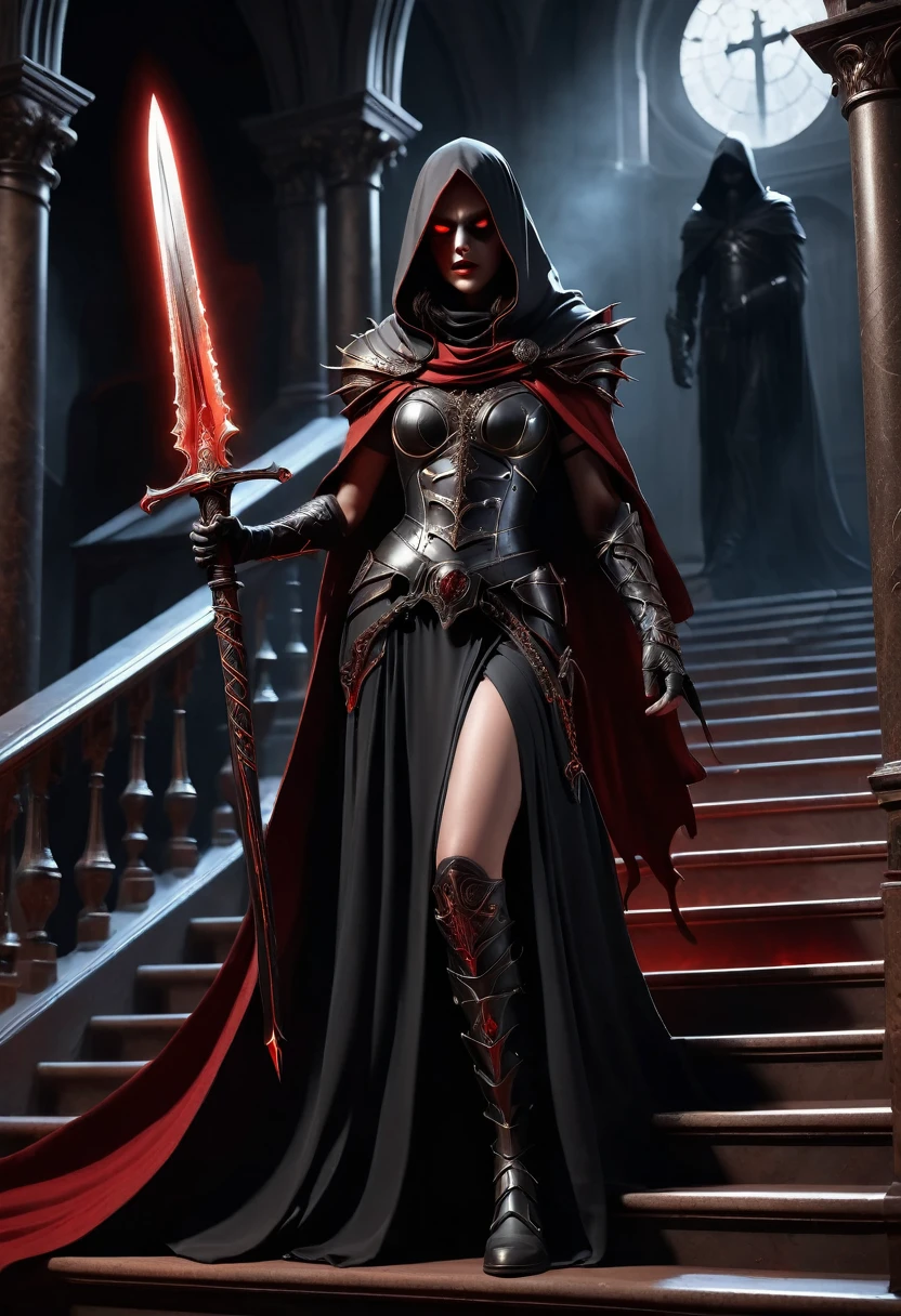 Holy church background,The messenger of hell descended the stairs,Arad woman in black dress,A gray cloak covers the face,Bronzed spiked armor,Magnificent、Mystery,With a feeling,Holding a crimson sickle on the stairs,Dark fantasy art, Abaddon and Magalieu Villeneuve, The blade reflects a strong red light,Backlight,Rim Light,3D Rendering,Unreal Engine,Octane Rendering,8K resolution,masterpiece。Ultra-high detail,The award-winning