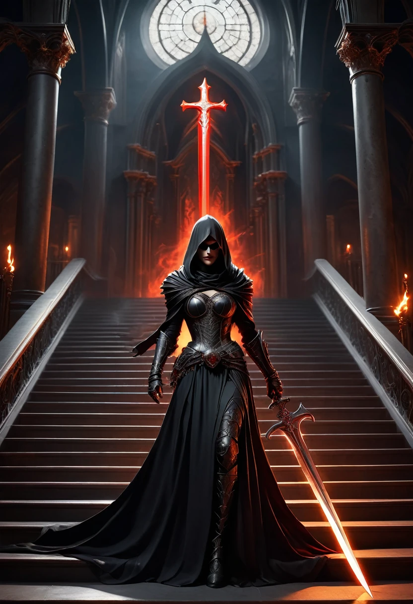Holy church background，The messenger of hell descended the stairs，Arad woman in black dress，A gray cloak covers the face，Bronzed spiked armor，Magnificent、Mystery，With a feeling，Holding a crimson sickle on the stairs，Dark fantasy art, Abaddon and Magalieu Villeneuve, The blade reflects a strong red light，Backlight，Rim Light，3D Rendering，Unreal Engine，Octane Rendering，8K resolution，masterpiece。Ultra-high detail，The award-winning
