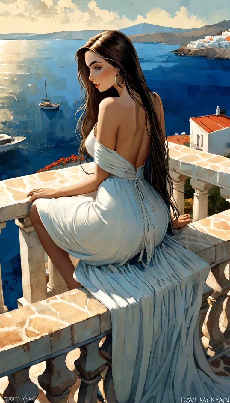 very sexy girl with long hair, wearing an elegant and sexy dress, sitting on a terrace, overlooking the sea of ​​a typical Greek town.1.5, (art inspired in Bill Sienkiewicz). oil painting)