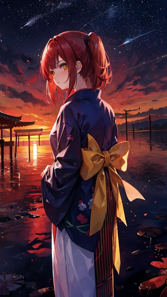 1girl, distant girl wearing a kimono staring at the stars, full red hair girl, pigtails and straight bangs hair, medium hair, yellow eyes, -yeld-gi(zoomed out:1.1), (meteor shower:1.2), (comet:1.1), your name, low angle, from behind, aroura borealis, shooting star, yukata, kimono, cherry blossoms, standing in a field, best quality, masterpiece, cloud, colorful, starry, stars,