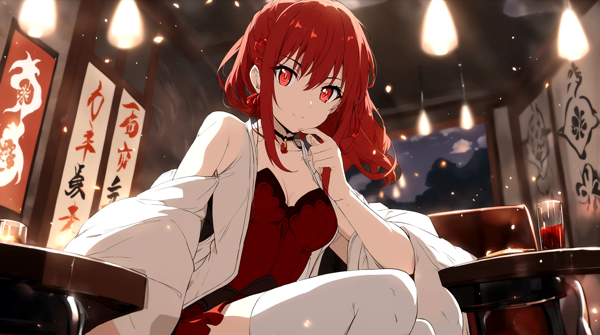 1 woman, japanese clothes ,red ling hair, RED AND GOLD eyes (RED AND GOLD), magic fire circle, fire fire, flames, wallpaper, landscape, blood, blood splatter, depth of field, night, light particles, light rays, sidelighting, thighs, fate \(series\), wuthering waves, peitos grandes ((grandes peitos)), open jacket, skirt, thighhighs, cloud, ((masterpiece)), ((anime style)), she is working at tour PC
