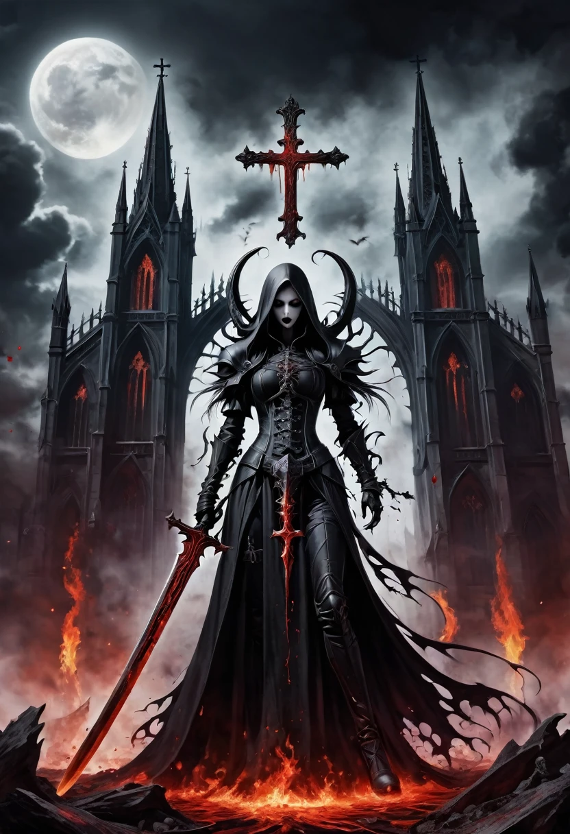 （Messenger from hell：1.4），cross，one个巨大的吸Blood鬼，Scythe viewed from below，hell，magma，flame，（紫色flame：1.3），There is fresh Blood on the ground，Blood pool，dripping Blood，Gothic aesthetics，one、Rose、castle、cross、Blood、Cemetery，Gothic style的神秘、Solemn and profound，Gothic style，Gothic style蕾丝的衣服、象征浪漫的Rose、grave、吸Blood鬼、witch、ruins、Gothic Cathedral，Gothic symbols series