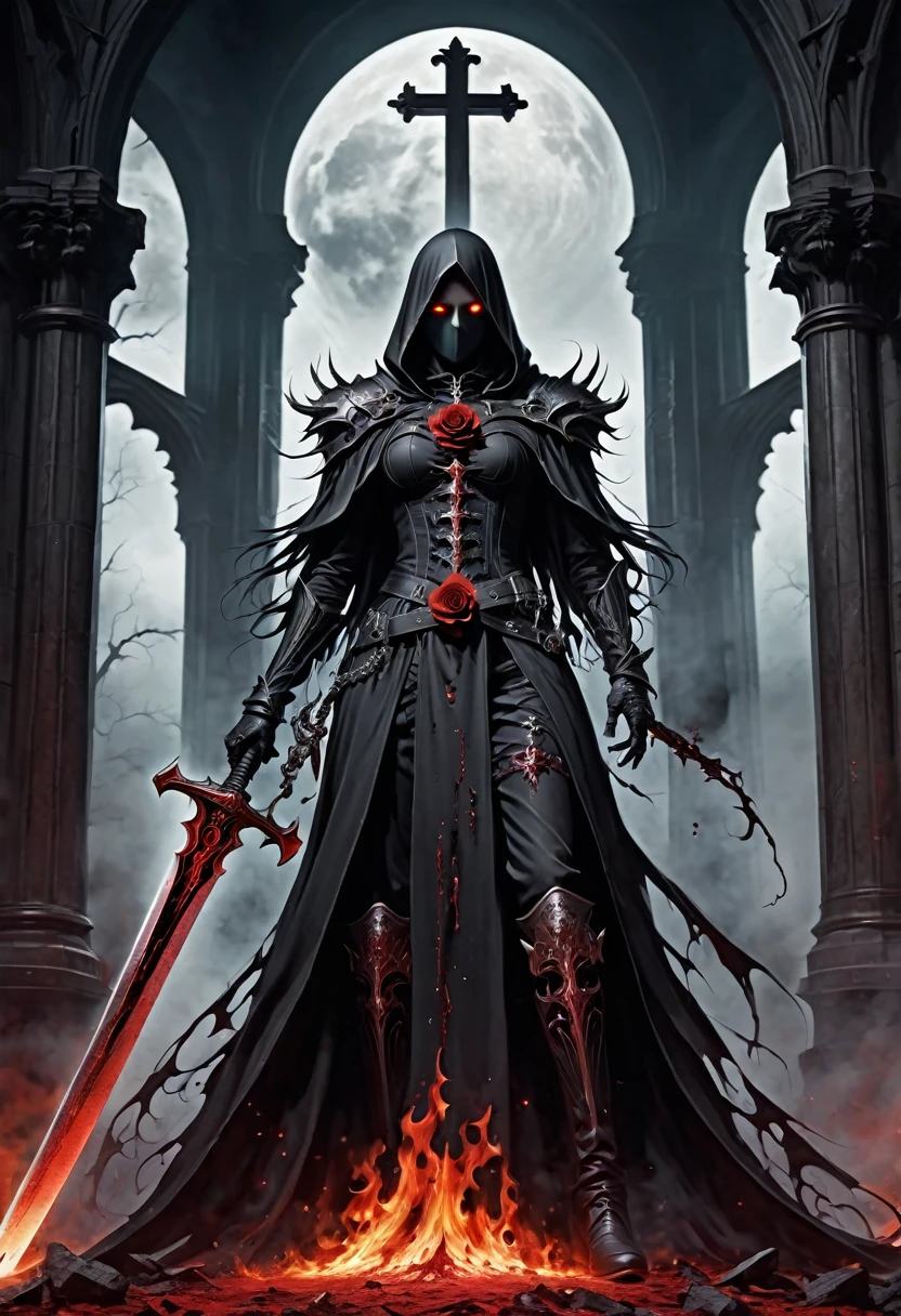 (Messenger from hell:1.4),cross,one个巨大的吸Blood鬼,Scythe viewed from below,hell,magma,flame,(紫色flame:1.3),There is fresh Blood on the ground,Blood pool,dripping Blood,Gothic aesthetics,one、Rose、castle、cross、Blood、Cemetery,Gothic style的神秘、Solemn and profound,Gothic style,Gothic style蕾丝的衣服、象征浪漫的Rose、grave、吸Blood鬼、witch、ruins、Gothic Cathedral,Gothic symbols series