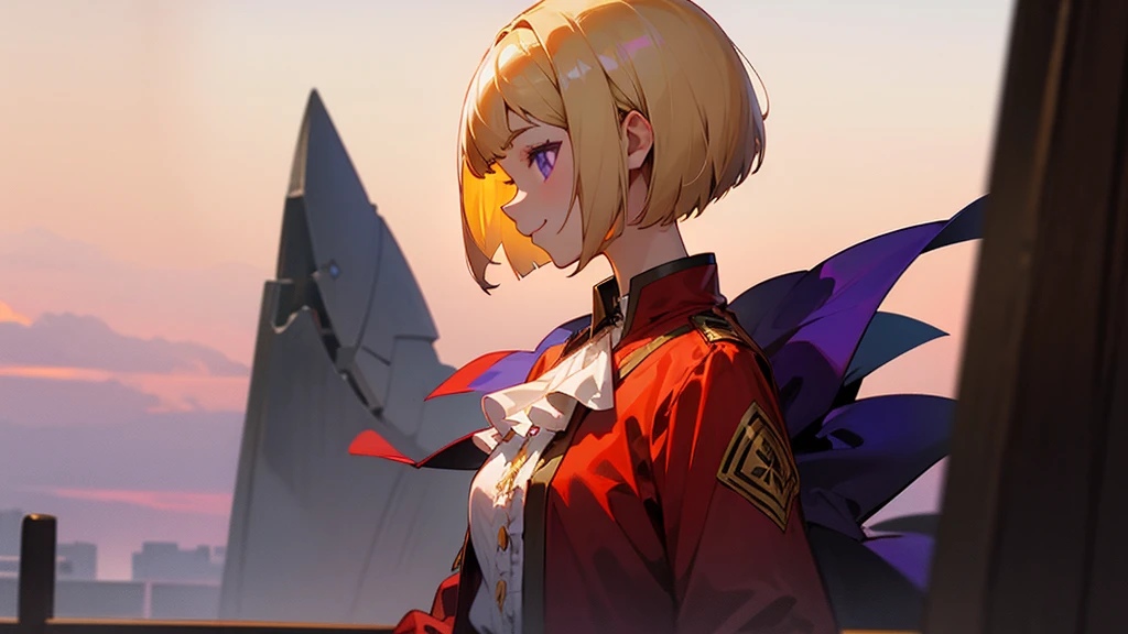 1 Girl、anime painting、Upper body close-up、profile、Natural Proportions、thin、Small breasts、smile、White skin、(blonde)、Bobcut、Beautiful purple eyes、Red jacket、(Long sleeve blouse)、Frilled blouse、Golden Hour Sky、Background blur、Written boundary depth