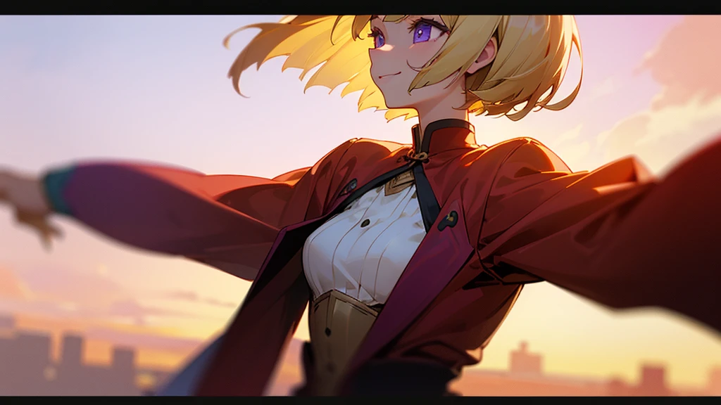 1 Girl、anime painting、Upper body close-up、profile、Natural Proportions、thin、Small breasts、smile、White skin、(blonde)、Bobcut、Beautiful purple eyes、Red jacket、(Long sleeve blouse)、Frilled blouse、Golden Hour Sky、Background blur、Written boundary depth