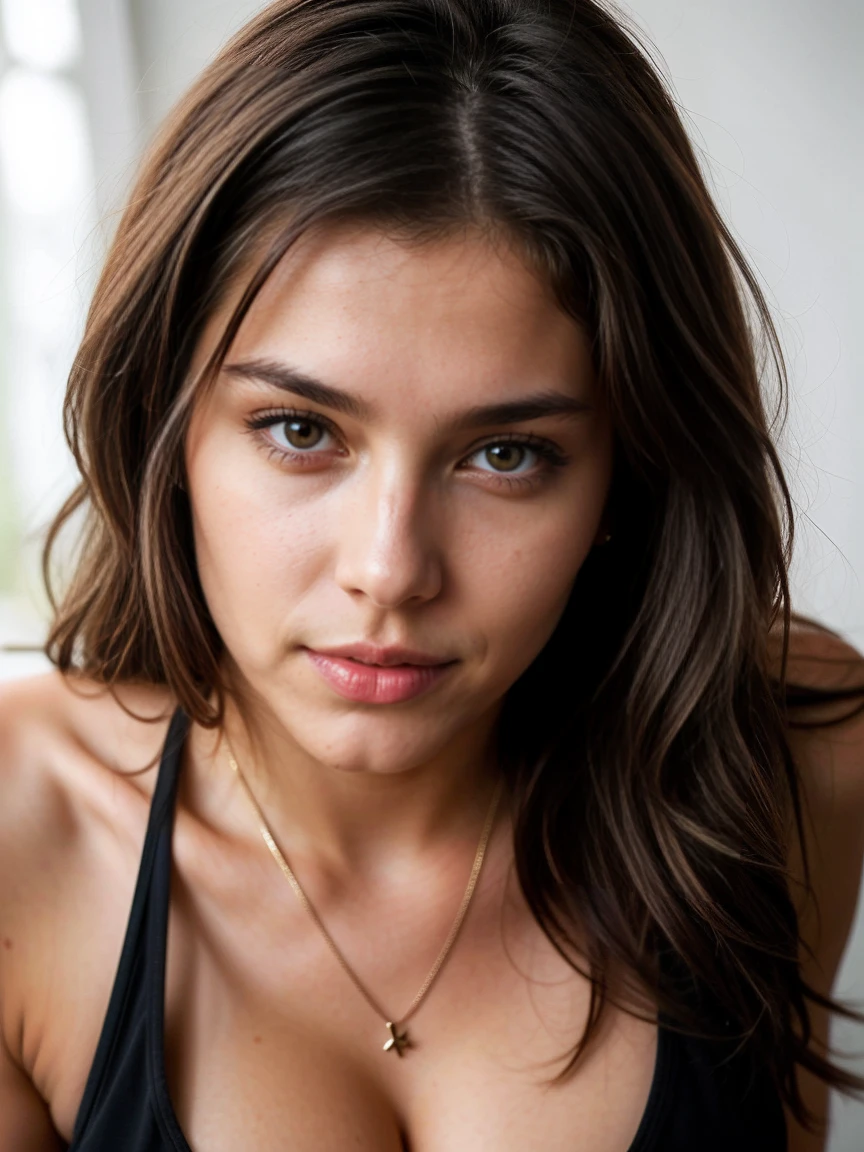 Create an image of a sexy and tall dark brunette with slightly wavy hair, standing at 175cm tall. The woman should be dressed as a school girl, with a ager hairstyle and short denim sexy shorts that showcase her perfect body. The image should be a raw photo, with a focus on creating a realistic UHD 8k image that showcases the woman's sex appeal. The overall look and feel of the image should be that of a hot and sexy playboy photoshoot, with a focus on creating a dynamic and alluring image that showcases the woman's sex appeal. The image should have realistic skin shadows and realistic skin texture, adding to the overall realism of the image, viki odintcova
