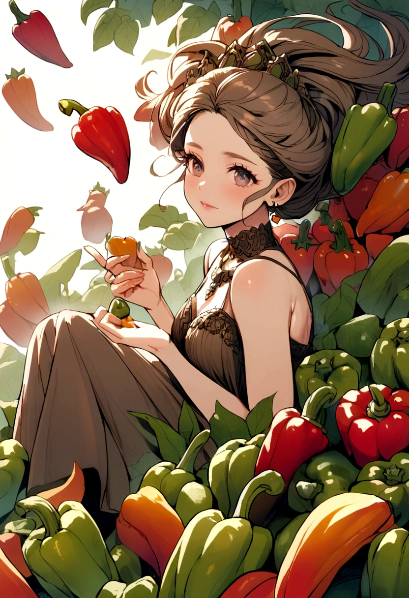 a fairy flying over a pile of Peppers , holding one Pepper on her hand