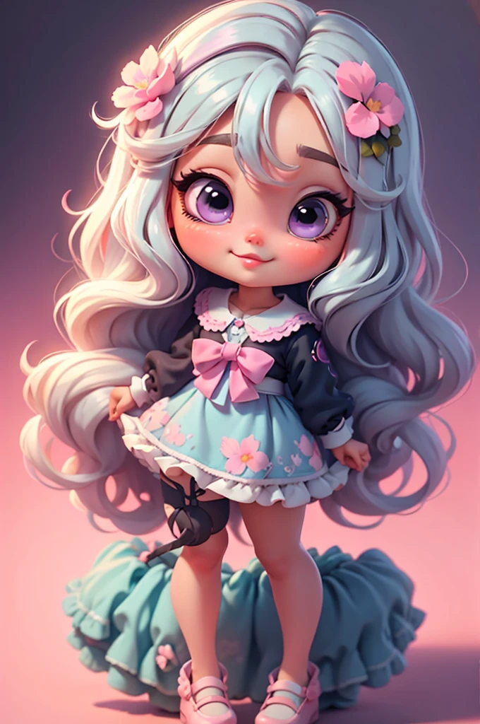 imagem de alta qualidade de uma boneca chibi Taylor Swift: boneca chibi ,illustration,detalhes delicados,Pose encantadora,lovely expression,cores suaves,roupa bonita,cabelos intrincados,beautiful eyes and lips,melhor qualidade,ultra-detalhado,fotorrealista,vivid colors, solid background, profesional lighting, girly accessories, espressiva, headband flowers, blue eyes, ombre hair, long hair, basket of flowers in hands, lovely pose, black eyes,  pink, and soft purple, exuberant, perfect, centered in the photo with a white background, nitid, standing, pink flat shoes, vibrant, white background, black hair, hair black, black hair,
smiling, happy