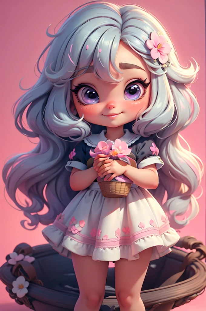 imagem de alta qualidade de uma boneca chibi Taylor Swift: boneca chibi ,illustration,detalhes delicados,Pose encantadora,lovely expression,cores suaves,roupa bonita,cabelos intrincados,beautiful eyes and lips,melhor qualidade,ultra-detalhado,fotorrealista,vivid colors, solid background, profesional lighting, girly accessories, espressiva, headband flowers, blue eyes, ombre hair, long hair, basket of flowers in hands, lovely pose, black eyes,  pink, and soft purple, exuberant, perfect, centered in the photo with a white background, nitid, standing, pink flat shoes, vibrant, white background, black hair, hair black, black hair,
smiling, happy