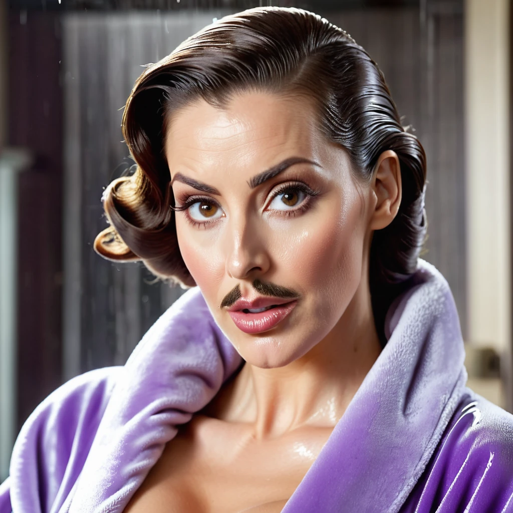 bearded lady with voluminous beard, brown eyes, wet brown hair slicked back, big nose, in dressing gown